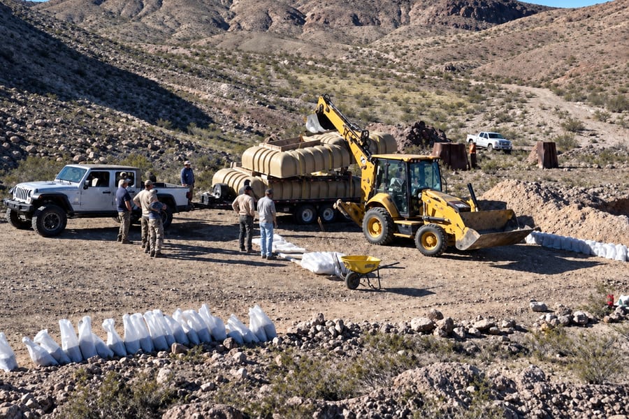 Volunteers and an excavator working at the Flat Top build site