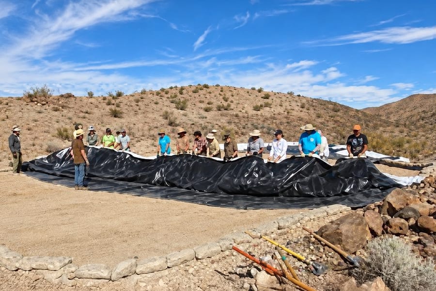 The volunteer crew spread along the rain collection mat at Hawkeye