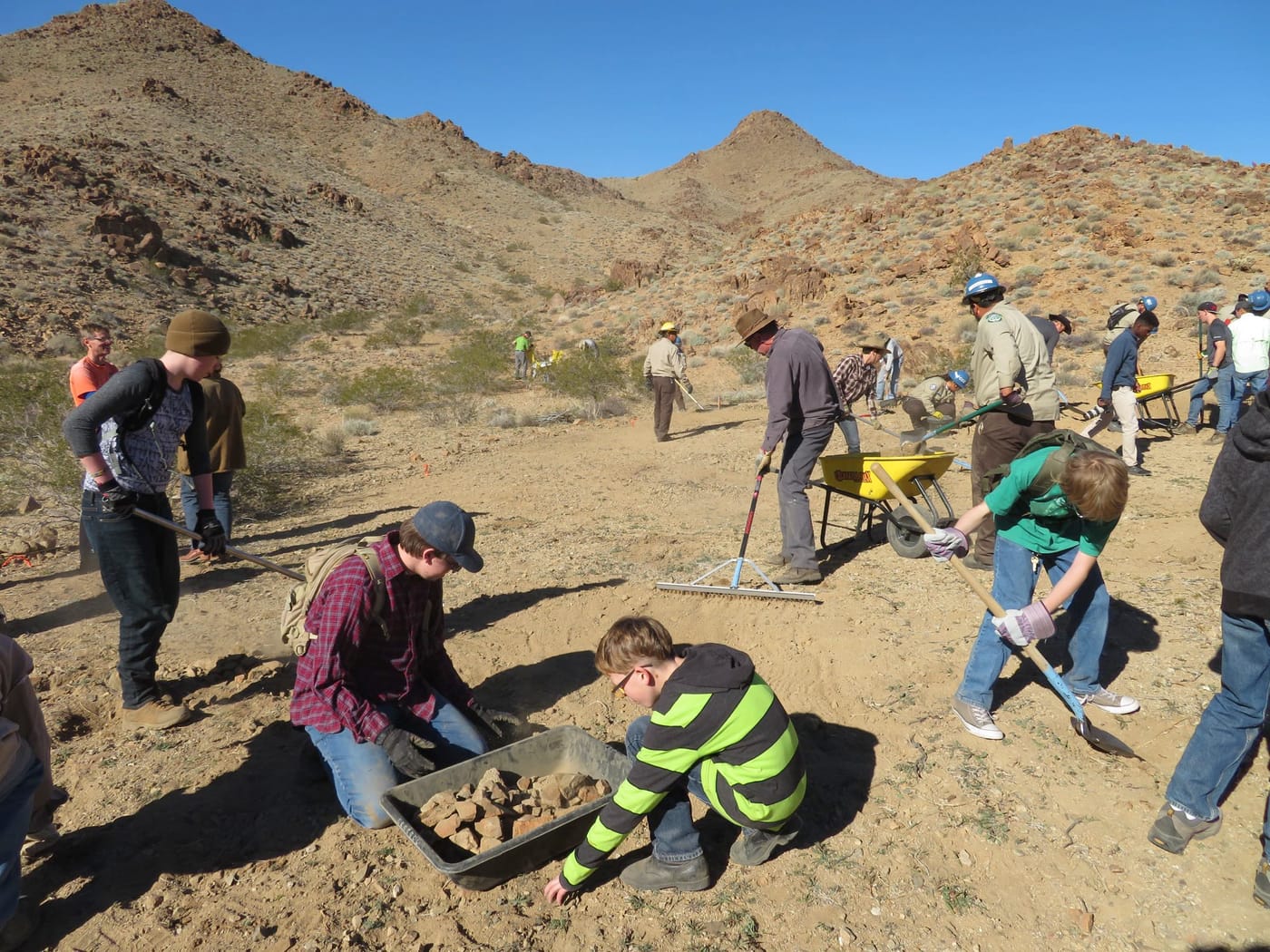 Children and adults collect rocks in a tub and rake the ground, with wheelbarrows behind them