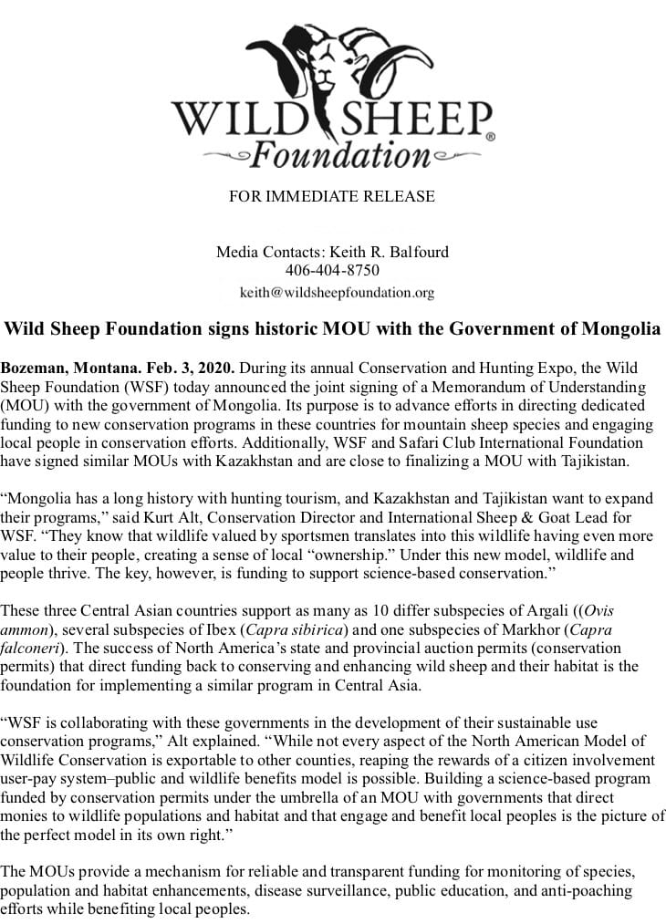 Page 1 of the Wild Sheep Foundation press release: WSF letterhead, media contact, headline and the release text