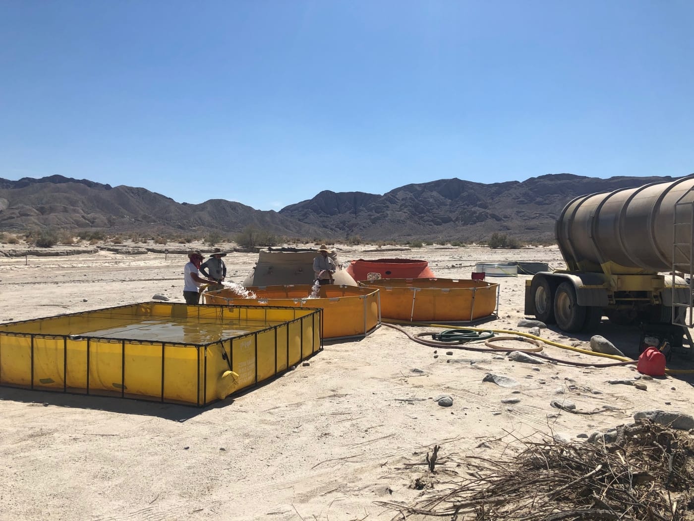 Three people tend yellow portable water tanks on a sandy flat beside a tanker truck, with desert mountains behind