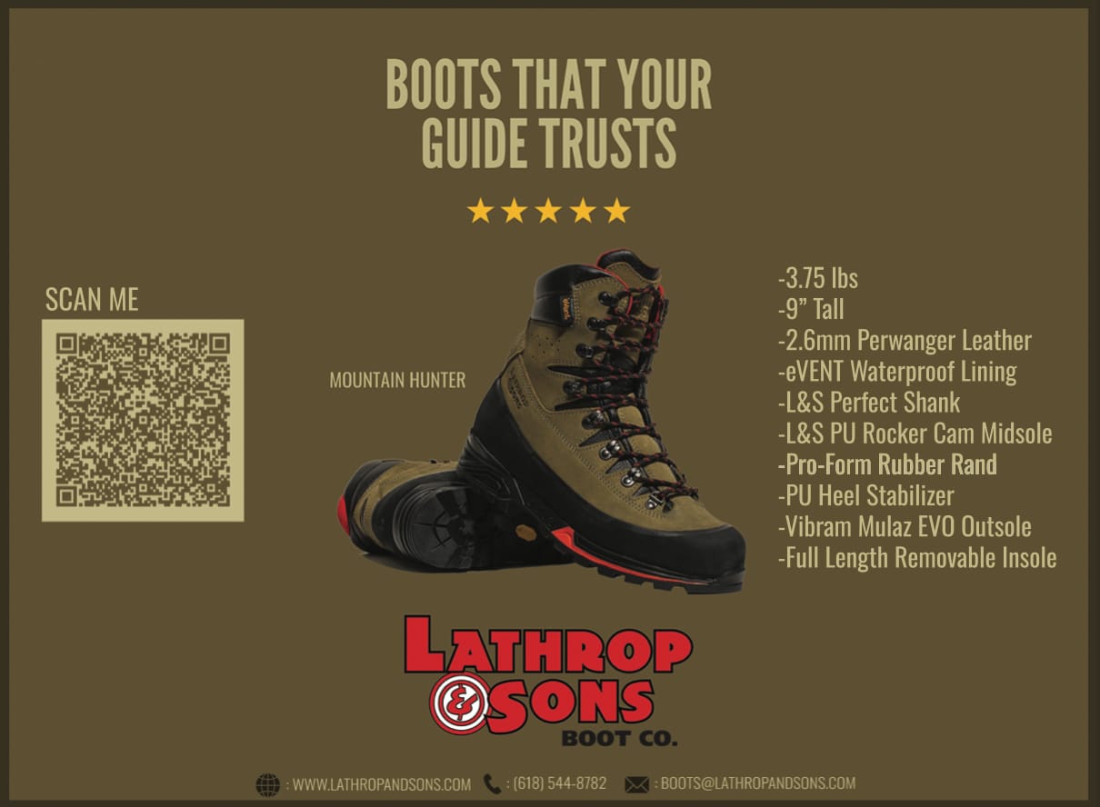 Lathrop & Sons Boot Co. ad, “Boots That Your Guide Trusts”, showing the Mountain Hunter boot and a list of its features