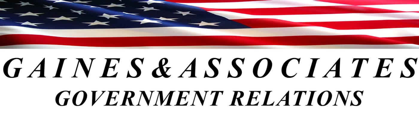 Gaines & Associates Government Relations logo beneath a waving American flag