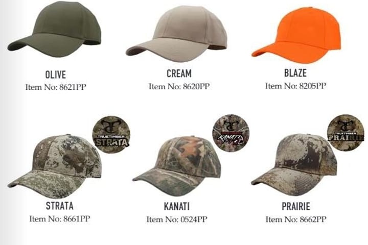 Six caps in olive, cream, blaze orange and three camouflage patterns