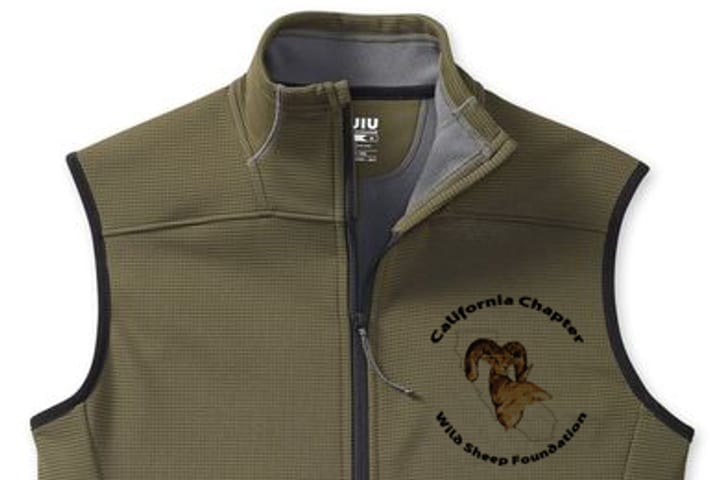 An olive vest embroidered with the California chapter’s ram logo